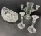 Glass Candleabra with Vase, Pair of Glass Candlesticks and Glass Serving Bowl