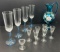 Fenton Hand Painted Pitcher, 4 Blue Stemmed Champagnes, 6 Stemmed Aperitif Glasses, Eye Wash Cup.