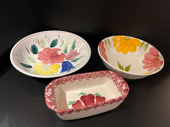 2 Floral Serving Bowls and Ceramic Apple Loaf Dish