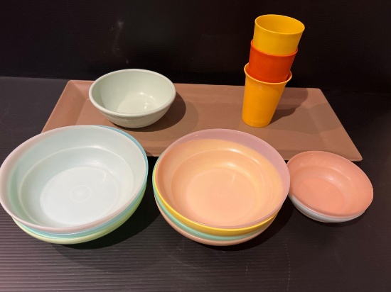 Vintage Plastic Dishware Grouping- Bowls, Cups, Serving Tray