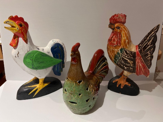3 Rooster Figures, Wooden and Pottery
