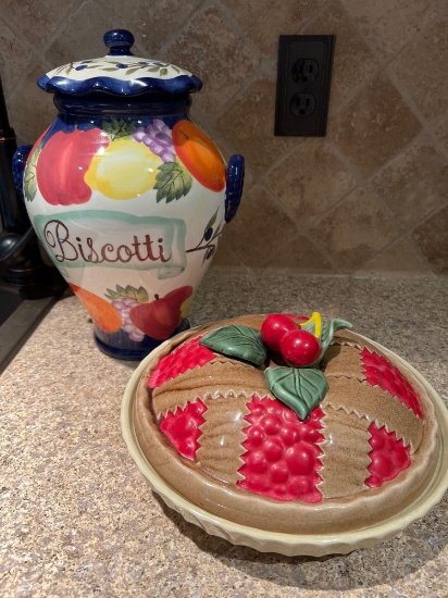 Decorative Ceramic Pottery Biscotti Jar and Lidded Pie Plate