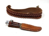 Hunting Knife with Leather Sheath and Leather Ammunition Belt