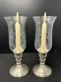 Candle Holders with Pewter Bases and Etched Glass Shades with Candle Inserts