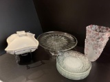 Clear Glass Cake Stand, 6 Plates, Frosted Vase with Pink Accents, Serving Dish with Metal Stand