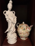 White Porcelain Asian Female Figure and Homco Two-Part Tea Pot and Cup