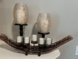 Metal Branch Votive Candle Holder and Pair of Candle Stands with Glass Shades & Candles