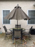 Metal Framed Patio Set with Glass Top Table, 4 Chairs and Patio Umbrella