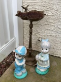 Metal Bird Bath and Pair of Children Garden Statues