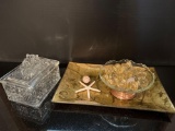 Glass Lidded Box, Copper Base Glass Dish with Glass Beads &Gold Dresser Tray with Starfish & Shell