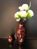 Oriental Enameled Ginger Jar and Tall Vase with Artificial Flowers