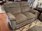 Dual Reclining Love Seat in Tan/Brown Upholstery, Like NEW