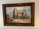 Framed Oil Painting of European Village Scene, Signed Lower Right 