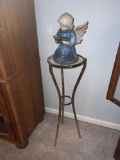 Ceramic Singing Angel on Brass Three Legged Glass Top Stand