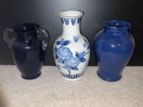 Blue Double Handled Glass Vase, Blue & White Pottery Vase and Blue Ruffled Edge Ceramic Vase