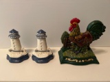 Cast Metal Lighthouse Bookends and Cast Metal Rooster Doorstop