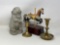 Concrete Rabbit Statue, Carousel Horse and 2 Brass Candle Sticks