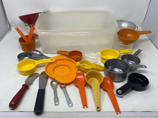 Assortment of Measuring Cups & Spoons, Egg Separator, Kitchen Funnels, Spatulas & Plastic Container