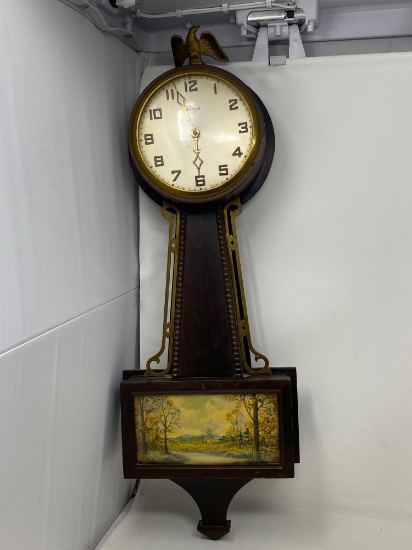 Gilbert Wall Clock with Outdoor Scene on Base and Eagle Finial