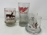 Miller High Life Pilsner, Tioga County Glass and 2 Mallard Rocks Glasses