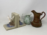 Seagull Bookends, Green/White Spatter Creamer and Ceramic Pitcher
