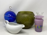 Glass Vases, Green Bowl, Blue Glass Ball Hummingbird Feeder and White Ceramic Gravy Boat