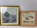 2 Framed Prints- Woman on Bridge and Girl with Calf