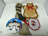 Wooden Stocking Sign, Gingerbread Man Platter, Snowmen Plate, Stuffed Bell and Other Tray