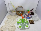 2 Baskets,Fabric Chicken Decoration, Egg Plate, Leaf Plate, Crocheted Dresser Runner
