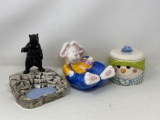 Lidded Snowman Jar, Rabbit Sponge Holder and Bear on Rocks Figure