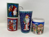 3 Santa Mugs and Christmas Village Mug