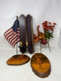 Black Wall Sconces, 2 Deer Wall Plaques, American Flag & Floral and Berry Picks