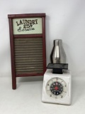 Decorative Washboard, Stainless Steel Shaker and Kitchen Scale