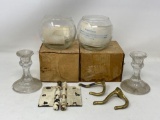 Pair of Glass Candle Sticks, 2 Glass Rose Bowls with Boxes, 2 Brass Hat Hooks and Pair of Door Hinge