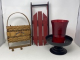 Woven Basket Wall Hanger, Decorative Sled and Black Metal Pedestal Candle Holder