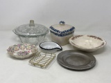 2 Lidded Candy Dishes, Spoon Rest, Wire Rack, Floral Bowl, Vegetable Bowl and Pewter Dish