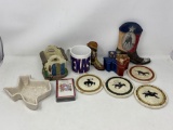 Texas Related Lot- Mug, State Shaped Bowl & Lidded Box, Coasters, Boots, Playing Cards, House