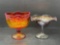 2 Pedestal Candy Dishes- Amberina Eagle and Carnival Ruffled Edge