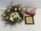 Decorative Wreath, Clear Coffee Cups and Framed Cross-Stitch