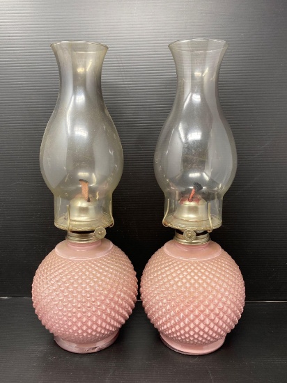 Pair of Pink Quilted Satin Glass Base Oil Lamps with Clear Shades