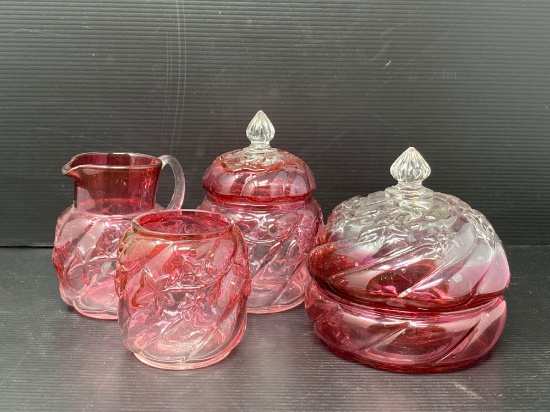 4 Piece Cranberry Glass Set- Lidded Sugar, Creamer, Lidded Candy Dish and Open Jar