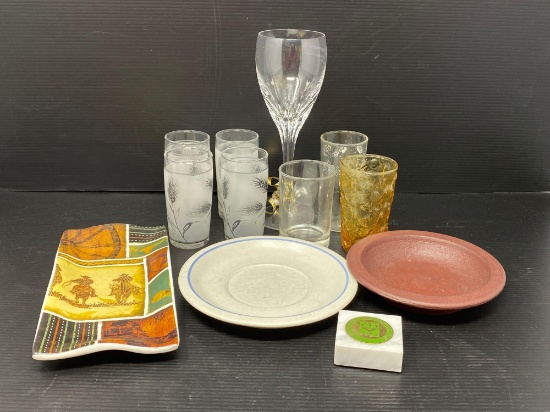 Glassware, Dishes, Serving Tray and Paperweight