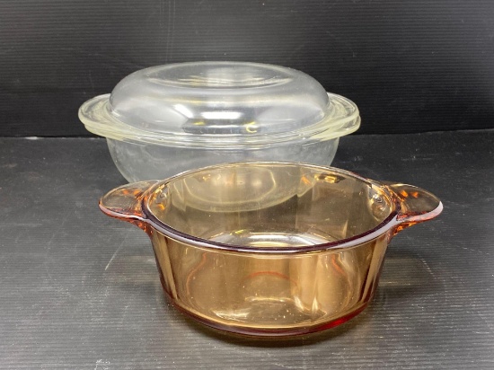Gold Corning and Clear Lidded Pyrex Casserole Dishes