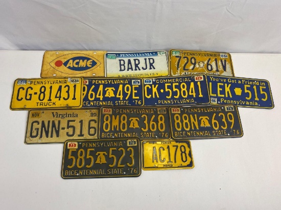 12 License Plates- Mostly PA, One VA and One Acme
