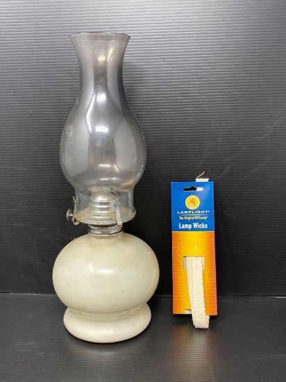 White Glass Base Oil Lamp with Clear Shade and Extra Lamp Wicks