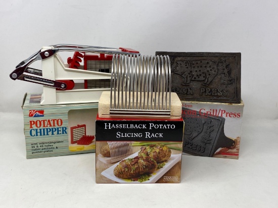 Potato Chipper, Hasselback Potato Slicing Rack and Cast Iron Bacon Press