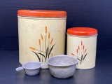 2 Vintage Tin Lidded Canisters and 2 Aluminum Measuring Cups