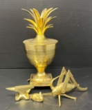 Brass Lot- Lidded Urn with Pineapple Leaf Finial, Grasshopper, Bunny and Anvil