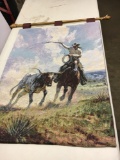 Woven Wallhanging Cowboy Roping Steer with Wooden Dowel