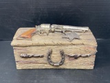 Rustic Style Wooden Trinket Box with Revolver and Sheriff's Star on Top